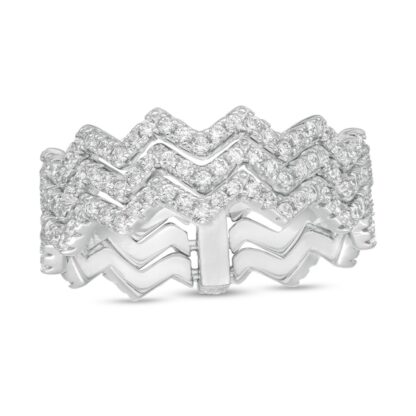 Cubic Zirconia Triple Row Zig-Zag Band in Solid Sterling Silver - Size 6