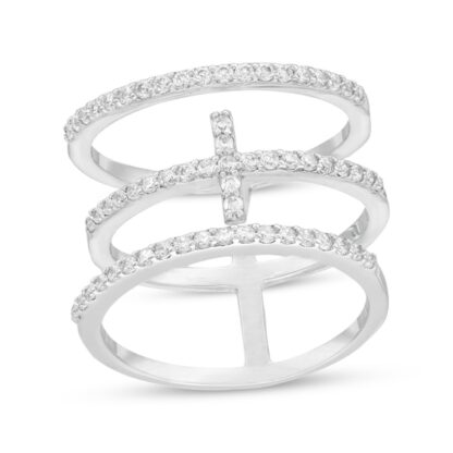 Cubic Zirconia Sideways Cross Triple Row Open Shank Ring in Solid Sterling Silver - Size 8