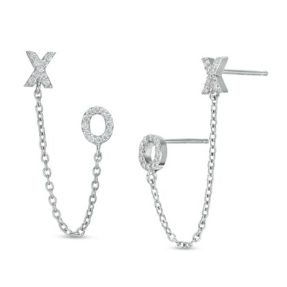 Single Cubic Zirconia "XO" Duo Stud with Cuff Chain Earring in Solid Sterling Silver