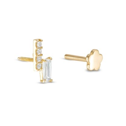 Single 019 Gauge Baguette and Round Cubic Zirconia Abstract Cartilage Barbell in 14K Gold