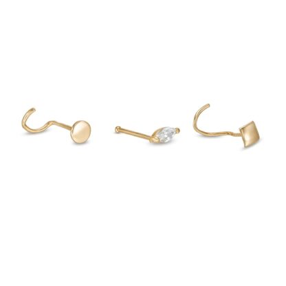 022 Gauge Marquise Cubic Zirconia, Round and Square Disc Nose Stud Set in 14K Gold