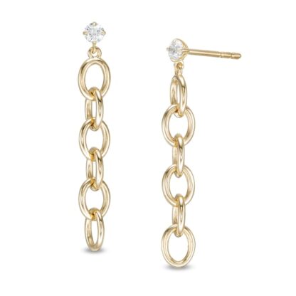 Cubic Zirconia Solitaire Oval Chain Link Linear Drop Earrings in 10K Gold