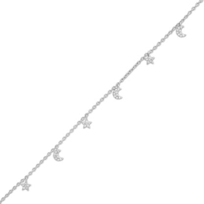 Cubic Zirconia Star and Crescent Moon Alternating Dangle Charm Anklet in Solid Sterling Silver - 10"