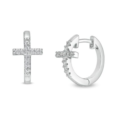 Cubic Zirconia Cross Huggie Hoop Earrings in Sterling Silver