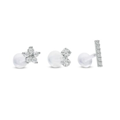 016 Gauge Crystal Stacked Duo and Cubic Zirconia Flower and Bar Cartilage Barbell Set in Stainless Steel