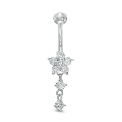 014 Gauge Cubic Zirconia Double Dangle Flower Belly Button Ring in Solid Stainless Steel and Brass