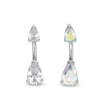 014 Gauge Pear-Shaped Iridescent and White Cubic Zirconia Belly Button Ring Set in Stainless Steel and Brass