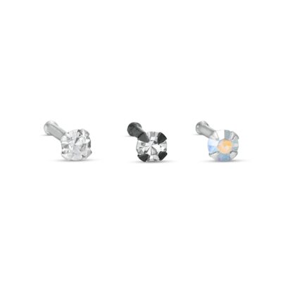 020 Gauge Iridescent and White Cubic Zirconia Solitaire Nose Stud Set in Sterling Silver and Black IP