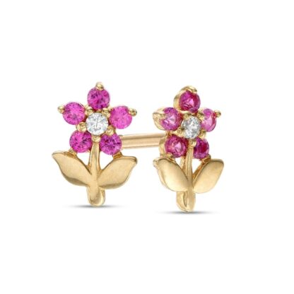 Child's Simulated Ruby and White Cubic Zirconia Flower Stud Earrings in 10K Gold