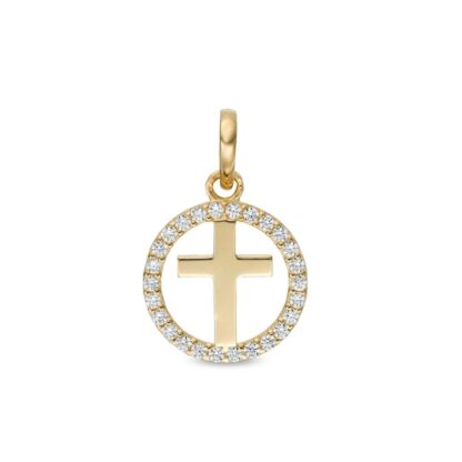 Child's Cubic Zirconia Cross Open Circle Frame Necklace Charm in 10K Gold