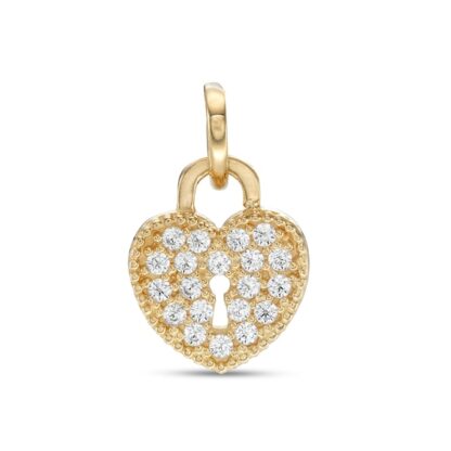 Child's Cubic Zirconia Beaded Frame Heart-Shaped Lock Necklace Charm in 10K Gold