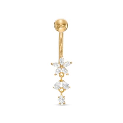 014 Gauge Multi-Shaped Cubic Zirconia Dangle Flower Belly Button Ring in Solid 10K Gold