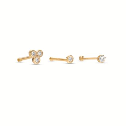 020 Gauge Cubic Zirconia Solitaire and Trio Nose Stud Set in Solid 14K Gold