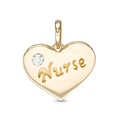 Bezel-Set Cubic Zirconia Etched "Nurse" Heart Disc Necklace Charm in 10K Solid Gold