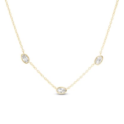 Oval Cubic Zirconia Three Stone Station Necklace in 18K Gold Over Silver