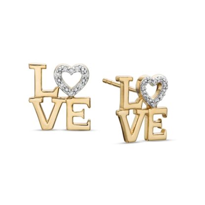 1/20 CT. T.W. Diamond Stacked "LOVE" with Heart Accent Stud Earrings in 10K Gold