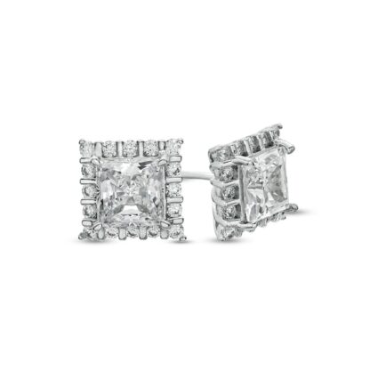 6mm Square-Cut Cubic Zirconia Framed Stud Earrings in Solid Sterling Silver