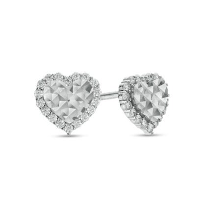 Cubic Zirconia Frame Diamond-Cut Heart Stud Earrings in Sterling Silver