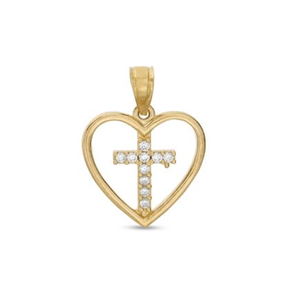 Cubic Zirconia Cross in Heart Outline Necklace Charm in 10K Solid Gold