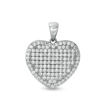 Composite Pavé Cubic Zirconia Frame Heart Necklace Charm in Solid Sterling Silver