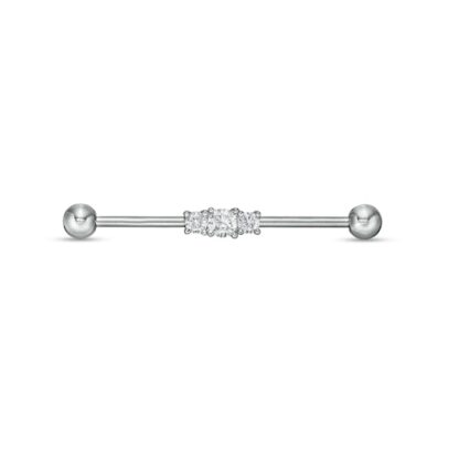 014 Gauge Cubic Zirconia Three Stone Industrial Barbell in Stainless Steel and Brass - 1-3/8"