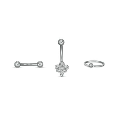 018 Gauge Cubic Zirconia Tri-Top and Ball Curved Barbell and Captive Bead Ring Set in Stainless Steel and Brass - 5/16"