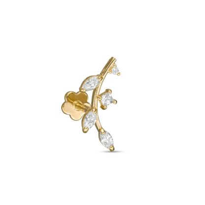 018 Gauge Multi-Shaped Cubic Zirconia Curved Leafy Branch Cartilage Barbell in 14K Gold - 5/16"