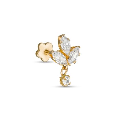 018 Gauge Marquise and Round Cubic Zirconia Tri-Leaf with Dangle Cartilage Barbell in 14K Gold - 5/16"