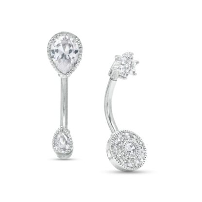 014 Gauge 8mm Pear-Shaped and Round Cubic Zirconia Frame Two Piece Belly Button Ring Set in Stainless Steel