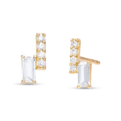 Baguette and Round Cubic Zirconia Double Bar Stud Earrings in 10K Gold