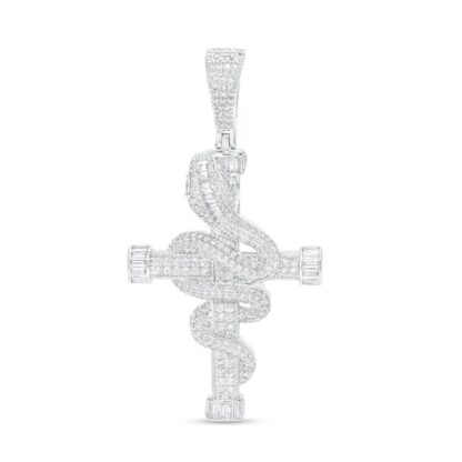 Cubic Zirconia Snake Wrap Cross Necklace Charm in Solid Sterling Silver