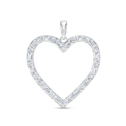 Baguette and Round Cubic Zirconia Heart Outline Necklace Charm in Semi-Solid Sterling Silver