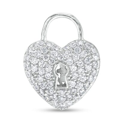 Cubic Zirconia Heart Lock Necklace Charm in Hollow Sterling Silver