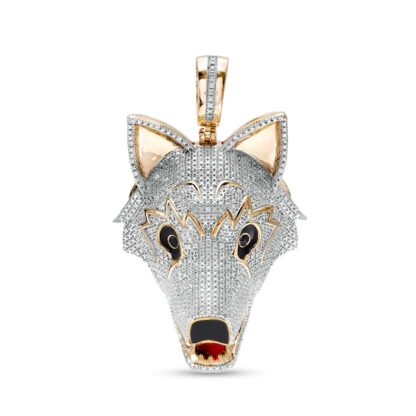 1/5 CT. T.W. Diamond Red and Black Ceramic Wolf Head Necklace Charm in Sterling Silver with 14K Gold Plate