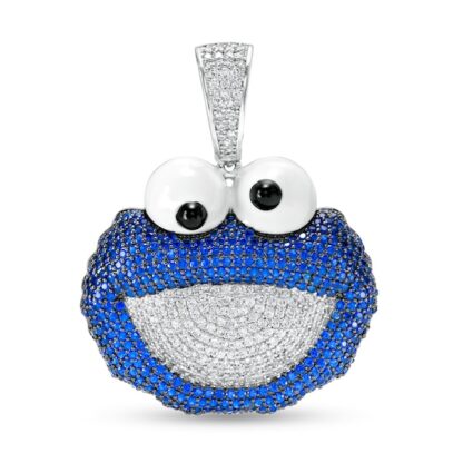 Blue and White Cubic Zirconia Monster Necklace Charm in Solid Sterling Silver