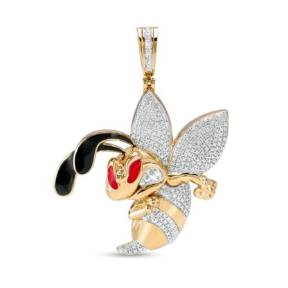 1/4 CT. T.W. Diamond Black and Red Ceramic Angry Hornet Necklace Charm in Sterling Silver with 14K Gold Plate