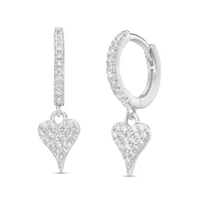 Pavé Heart Cubic Zirconia Huggie Hoop Drop Earrings in Sterling Silver