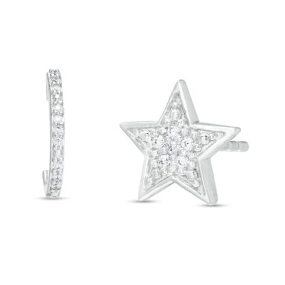 1/20 CT. T.W. Diamond Mismatch J-Hoop and Star Stud Earrings in Sterling Silver