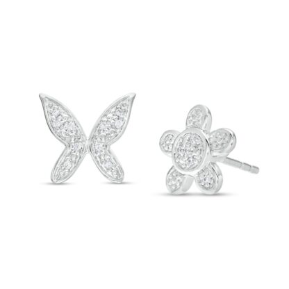 1/20 CT. T.W. Diamond Mismatch Flower and Butterfly Stud Earrings in Sterling Silver