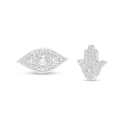 1/20 CT. T.W. Diamond Hamsa and Evil Eye Mismatch Stud Earrings in Sterling Silver