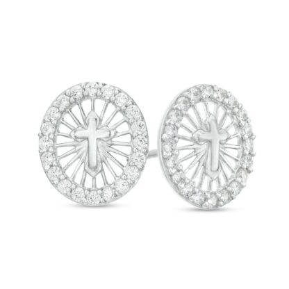 Cubic Zirconia Pavé Circle Cross Stud Earrings in Sterling Silver