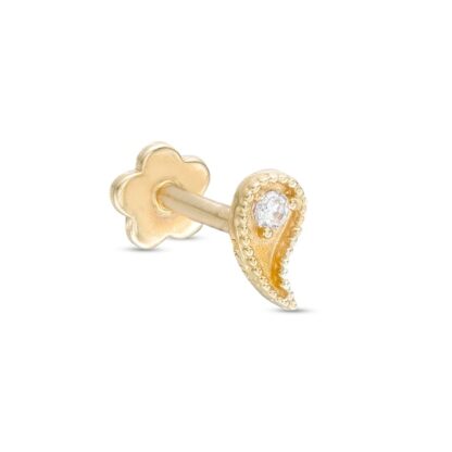 018 Gauge Cubic Zirconia Paisley Cartilage Barbell in 14K Gold