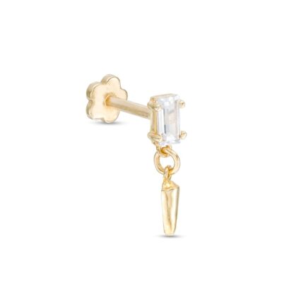 018 Gauge Cubic Zirconia Baguette and Spike Dangle Cartilage Barbell in 14K Gold