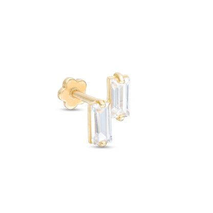 018 Gauge Cubic Zirconia Double Baguette Cartilage Barbell in 14K Gold