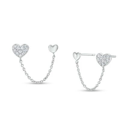 Cubic Zirconia Pavé MIni Heart Chain Drop Earrings in Sterling Silver