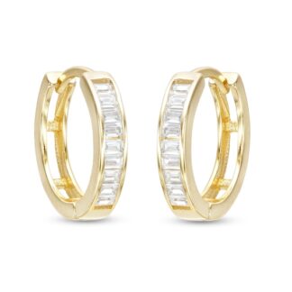 Cubic Zirconia Baguette Huggie Hoop Earrings in Sterling Silver with 18K Gold Plate